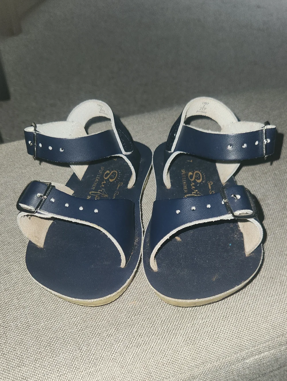 Kids Navy Leather Buckle Sandals